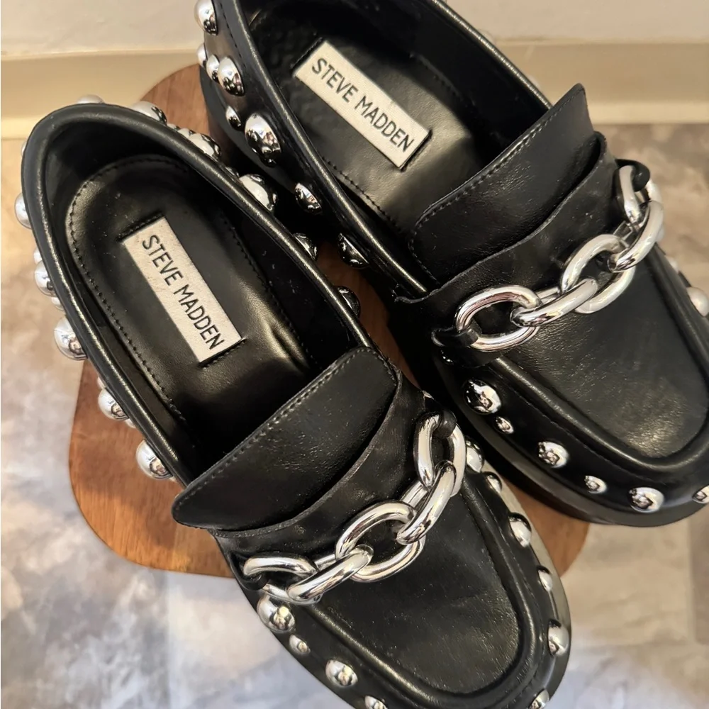 Steve Madden Black Platform Loafers with Silver Accents